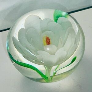 Vintage Hand-Blown Art Glass Paperweight – White Floral, 2.25” Diameter